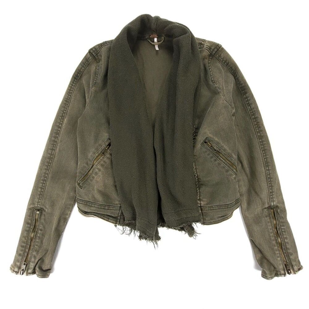 FREE PEOPLE Cropped Denim Jacket with French Terry Shawl Collar Military Green 2